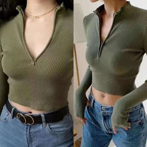 Elegant High Neck Zipper Front Knitted Sweater Women Solid Basic Cropped Pullover Winter Spring Fashion Clothing Top 2021