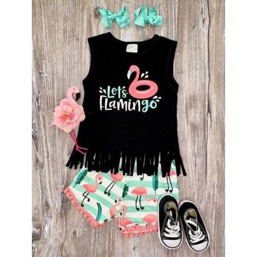 FOCUSNORM 3pcs Infant Kids Girls Clothes Sets 1-6Y Letter Printed Sleeveless Tassel Vest Tops Flamingos Shorts Headband