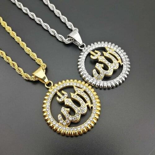 Hip Hop Rhinestones Gold Silver Color Stainless Steel Holow Round Islam Muslim Allah Pendant Necklaces for Men Jewelry