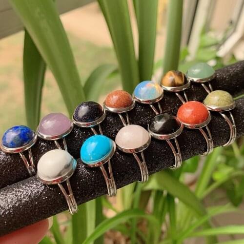 Natural Stone Crystal Rings Healing Small Round Open Adjustable Amethysts Lapis Pink Quartz Women Ring Party Wedding Jewelry