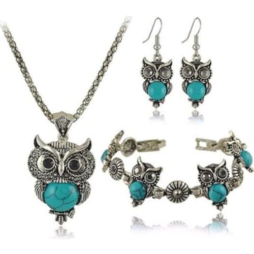 Fashion Jewelry Owl Shape Tibetan Stone Pendant Chain Necklace Drop Earrings Bracelet Jewelry Sets for Women Trendy Star