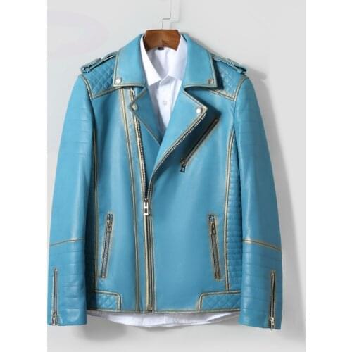 Mens Jacket Genuine 100% Sheepskin Coat Men Blue Korean Slim Fit Blazer Leather Jackets 71503 KJ2727