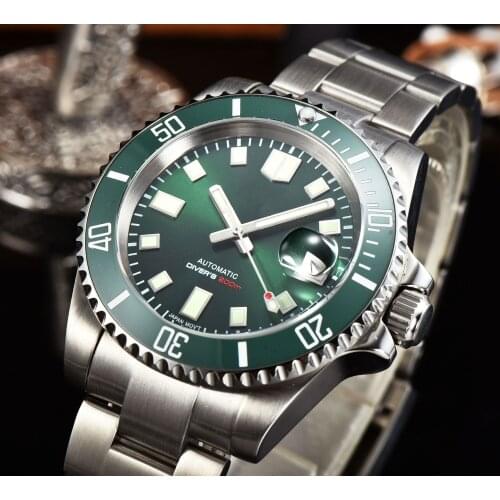 200M Waterproof SUB Sunburst Green 24 Jewles NH35A Men Watch Automatic Movement Brushed Oyster Glide Lock Clasp Ceramic Insert