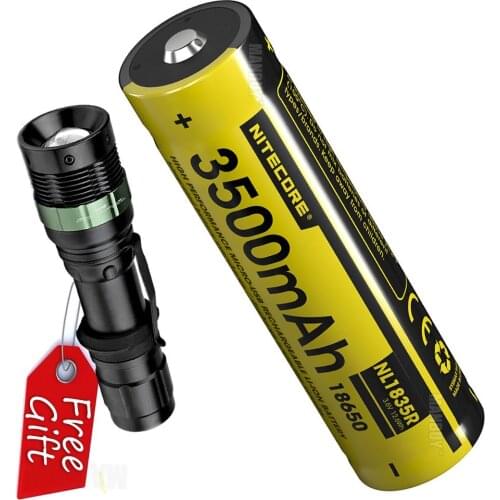 NITECORE 3500mAh High Performance Rechargeable Li-ion Battery Button Top 18650 Protected Battery NL1835R +USB Cable + Flashlight