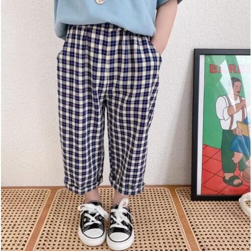 2021 new girls boys plaid long pants cotton summer cool kids pants