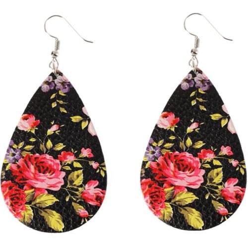NEW Bohemian Women Earrings Floral Pattern Teardrop Dangle Faux Leather Hook Earrings Jewelry Womans accesories Earrings Woman