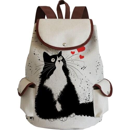 New Teens Schoolbag Shoulder Cartoon Cute Black Cat Bagpack Student School Book Bags Animal Printed Ladies Drawstring Backpack