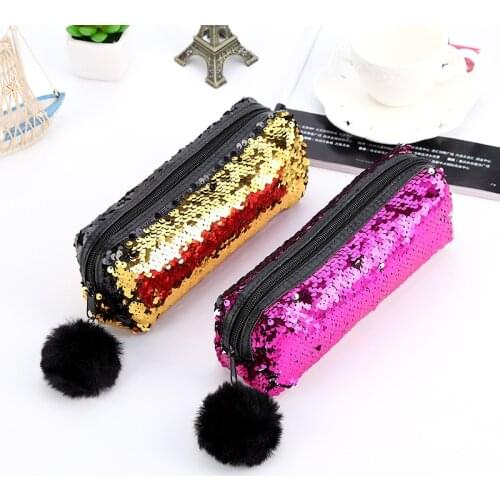 Sequin Pencil Case Trousse Scolaire Stylo Estuche Escolar Kawaii School Estojo Etui Hairball Pencilcase Bag Peluche Tools