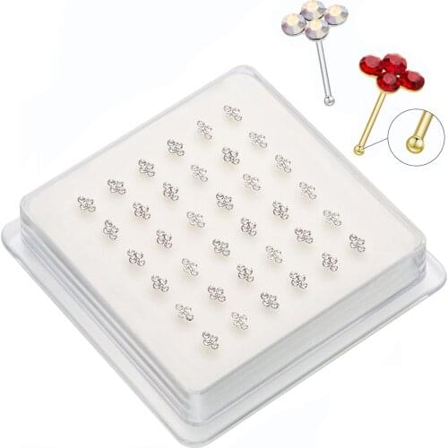 36Pcs/setLot Of 925 Sterling Silver Crystal Nose Bone Stud Nose Rings Fashion Indian Nose Piercing Body Jewelry Nariz Aros Plata