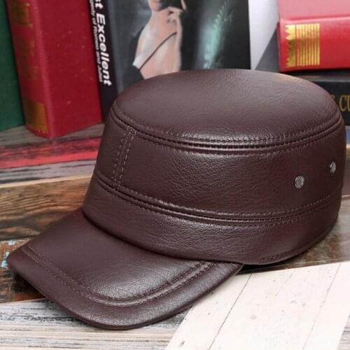Winter Warm Army Military Hats For Men Adjustable Size Sheepskin Leather Hat Mens Flat Cap Natural Leather Caps Earmuffs Cap