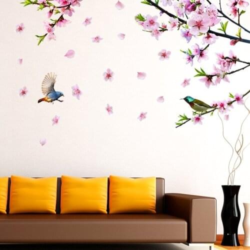 [shijuekongjiian] Mountain River Wall Stickers DIY Flowers Birds Mural Decals for Living Room Bedroom House Decoration