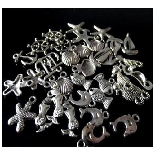 Vintage Jewelry Silver Sea Theme Mermaid Starfish Yacht Charms Pendants Fit Bracelets Necklace Accessories 50pcs Mixed X278