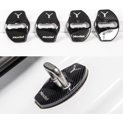 Vxvb New For Tesla Model Y 2021 Accessories Cover Door Lock Carbon Fiber Metal Automobile decoration Tesla Three Accessory