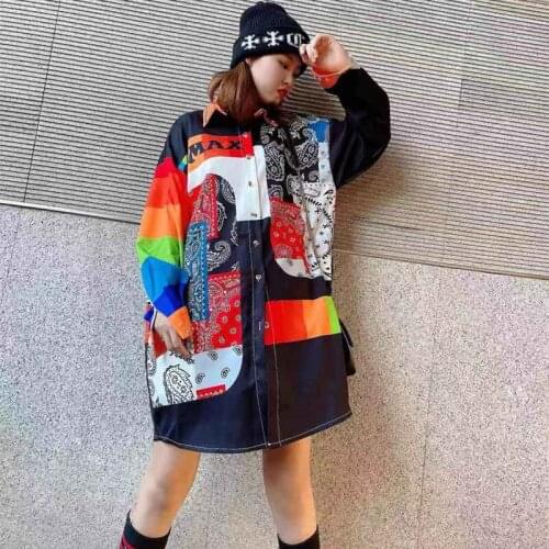 Womens spring new ethnic style retro printed diamond mid-length long-sleeved shirt women Y589