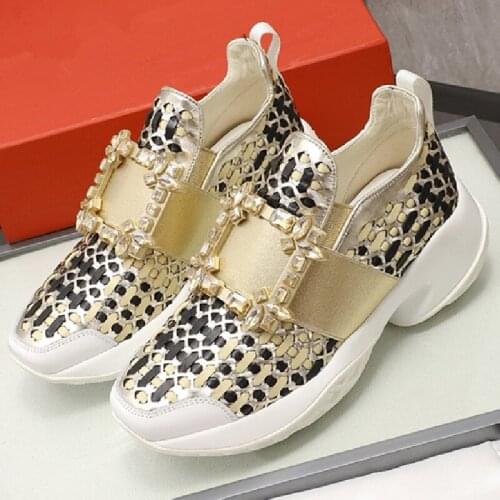 Platform Wedges Mixed Color Woman Shoes Slip On Women Casual Shoes Luxury Crystal Buckle Decor Women Loafers Weave Sneakers