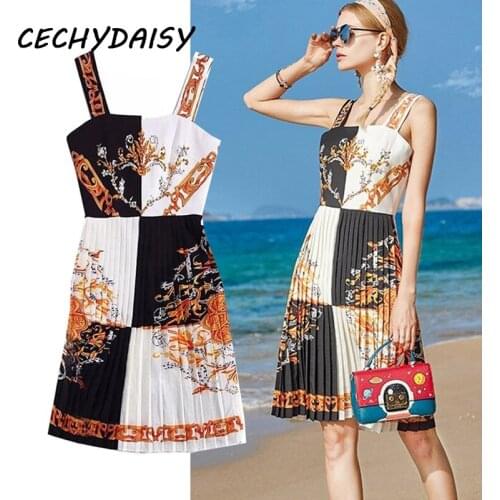 2021 Summer New Vacation Party Dress Women Spaghetti Strap Floral print Beading Elegant Pleated baroque vintage Mini Dresses Y2k