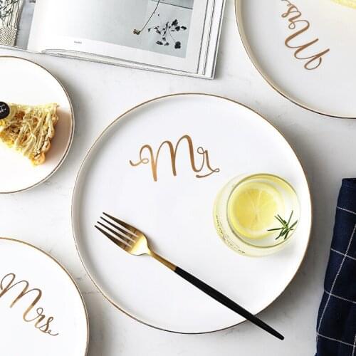 Gold Edge Household Dating Ceramic Dinnerware Steak Plate Cake Dessert Flat Plate