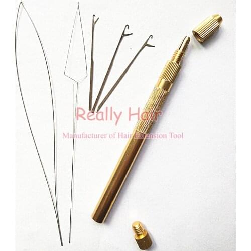 1pcs Aluminium Golden Handle Pulling Needle for Nano Rings&Micro Rings Links Loop Hair Extension Tools 3 needles