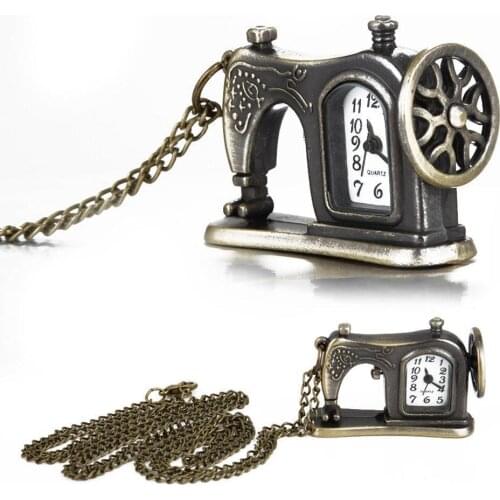 Vintage Unisex Sewing Machine Pendant Chain Necklace Analog Quartz Pocket Watch