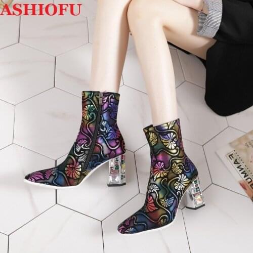 ASHIOFU New 2020 Handmade Ladies Crystal-heels Boots Real Photos Print-leather Ankle Booties Large Size US5-US15 Fashion Boots