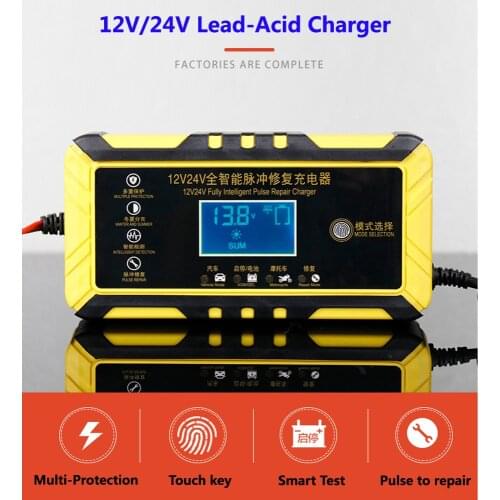Auto Motorcycle Car Battery Charger 12V 24V 8A LCD Display Pulse Repair Smart Fast Charge AGM Deep cycle GEL Lead-Acid Charger
