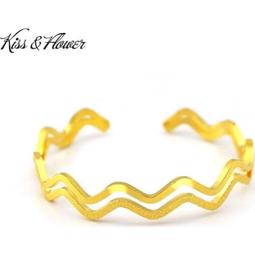 KISS&FLOWER BR93 Fine Jewelry Wholesale Fashion Woman Birthday Wedding Gift Wave Round Vitange 24KT Gold Opening Bracelet Bangle