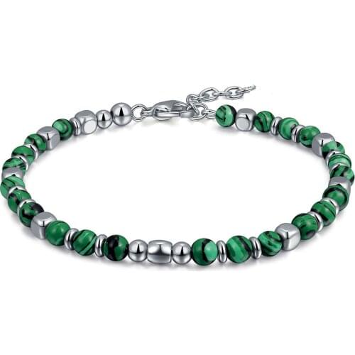 Runda New Arrival Stainless Steel Beaded Bracelet for Mens and Womens Malachite Stone Jewelry
