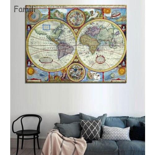 Decorative Pictures Canvas Painting no Framed Old Political World Map of the World ArtWork for Living Room Office Decor