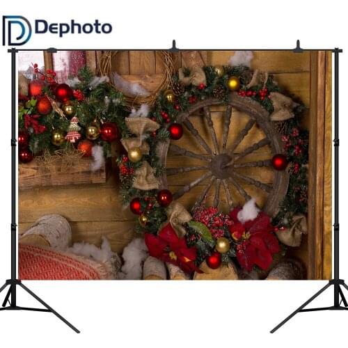 Dephoto Wooden House Wheel hub Christmas Decoration Photography Backgrounds Customized Photographic Backdrops For Photo Studio