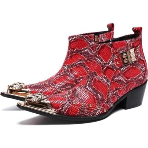 Italian Mens Shoes High Heels Red Genuine Leather Wedding Dress Boots Gold Steel Toe Ankle Boots Classic Botas Militares Hombre