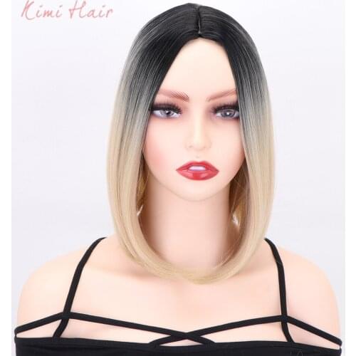 Kimi Hair Short Synthetic Bob Wigs Straight Heat Resistant Wig for Women Ombre Blond Black Brown Burgundy Hair