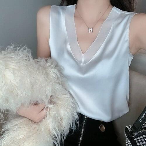 Sexy Summer Women Tank Tops Lace Patchwork Camis Satin Top Women Camisole Sleeveless Vest White Round Neck Loose Tops Vest 2021