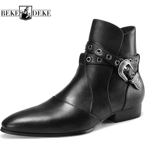 2019 Runway Men Buckle Genuine Grain Leather Chelsea Boots Cowboy Style Pointed Toe Med Heel Ankle Boots Party Dress Shoe