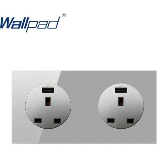 Wallpad Dual 13A Socket With USB Charger 5V 2400MA Grey Wall Power Socket Outlet Crystal Glass Panel 16A