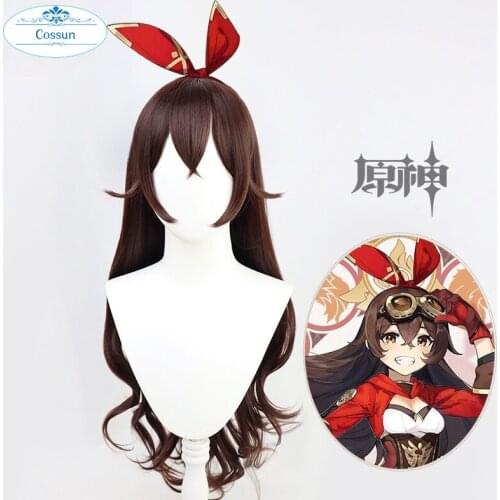 Game Genshin Impact Amber Dark Brown Long Wig Cosplay Costume Heat Resistant Synthetic Hair Women Carnival Party Wigs