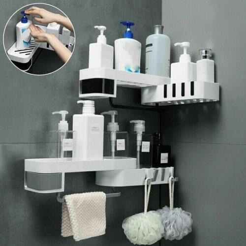 Plastic Double-Deck Storage Rack Bathroom Kitchen Corner Organizer Shelf Wall-Mounted Towel Shampoo Shower Holder With Hooks