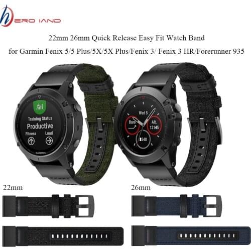 Hero Iand 22mm 26mm Quick Release Easy Fit Watch Band for Garmin Fenix 5X/5 fenix 3 HR Woven Nylon Genuine Leather Strap Sports