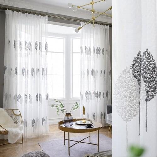 Embroidered Tulle Window Curtains Leaf Gauze Custom Curtains Finished Living Room White Yarn