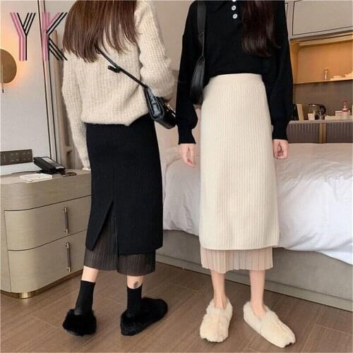 Both Sides Wear Shiny Gauze Knitted Stitching Skirts Back Slit Slit Pleated Midi Skirts Elegant Vintage Women Autumn Winter Saia