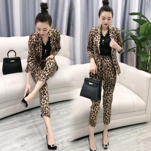 Women New 2021 Spring Summer Blazer and Pants Sets Printed Two Pieces OL Single Button Jacket Formal Suit Trousers Suits C288