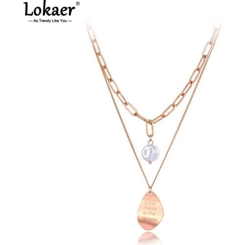Lokaer Goth Double Layer White Pearl Pendant Necklace For Women Stainless Steel Choker Necklace Цепочка На Шею Женская N21079
