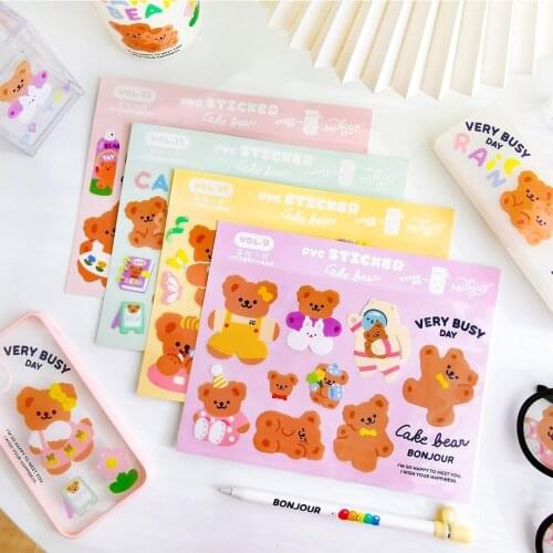 4Pages Bear PVC Sticker Kawaii DIY Luggage Label Diary Scrapbooking Decoration Home Post Sticker Laptop Cup Stationery Accessory