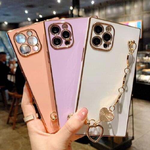 Luxury Plating Heart Bracelet Phone Case For iPhone 11 Pro 12 Mini X XR XS Max Candy Color Wrist Chain Soft Cover On SE2 7 8Plus