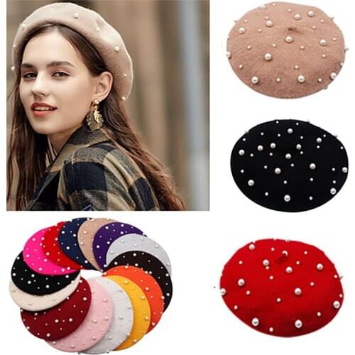 CN Winter Luxury Wool Pearl Beret Women French Solid Vintage Berets Caps For Women Girl Cashmere Female Warm Hats