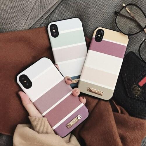 Color Blocks Silk Pattern Korean Style Striped Hardware Nameplate Soft Rubber Shell for iPhone 2020SE iPhone7 iPhone 8