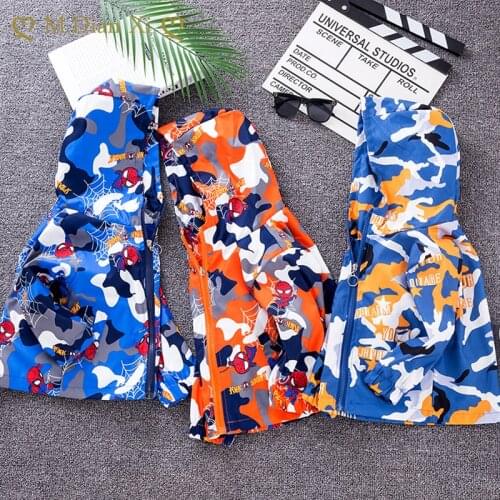 Childrens Spring and Autumn Hooded Lapel Baseball Uniform for Boys and Girls Cartoon Spiderman Print Cardigan Zipper Jacket