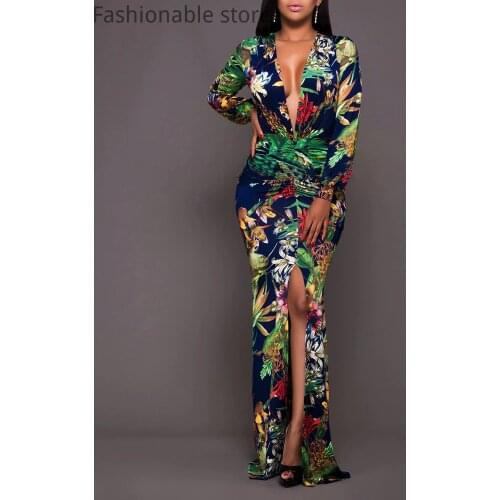 Women Deep V-Neck Print Slim High Slit Long Sleeve Maxi Dress