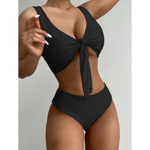 Mid Waist Bikini Set 2021 New Sexy Bow-Knot Swimwear Women Swimsuit Female Solid Color Bikini Bather Bathing Suit Beachwear Swim