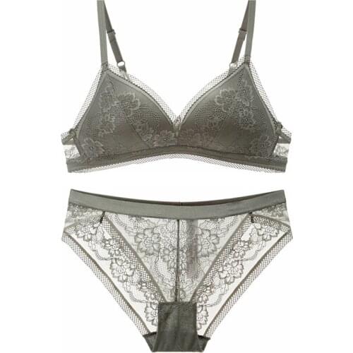 Floral Lace Thin Cup Wireless Bra Set Underwear Women Transparent Panties Sexy Lingerie Set 2020 New White Black Green Caramel