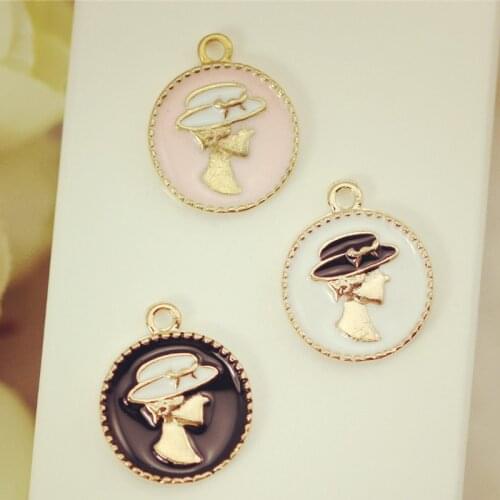 MRHUANG Round Lady Charms 10pcs/lot 16mm Golden Metal Enamel Charms Fit DIY Bracelet Hair Jewelry Accessory